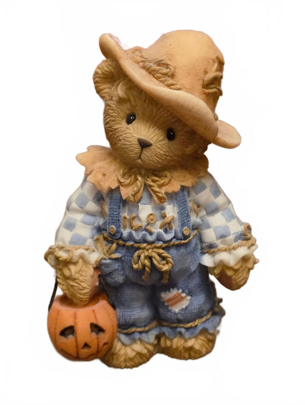 Vintage Cherished Teddies Scarecrow Bear with Jack-o'-Lantern Halloween Figurine